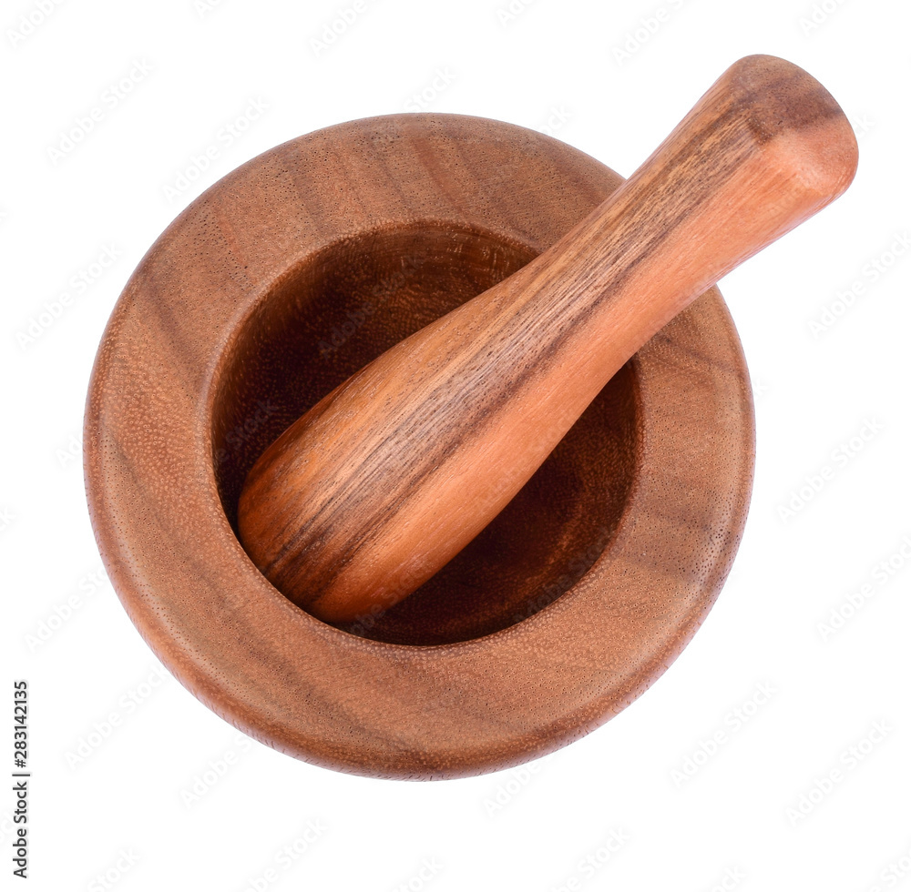 Thai product, wooden mortar and pestle isolated on white background, Top view.