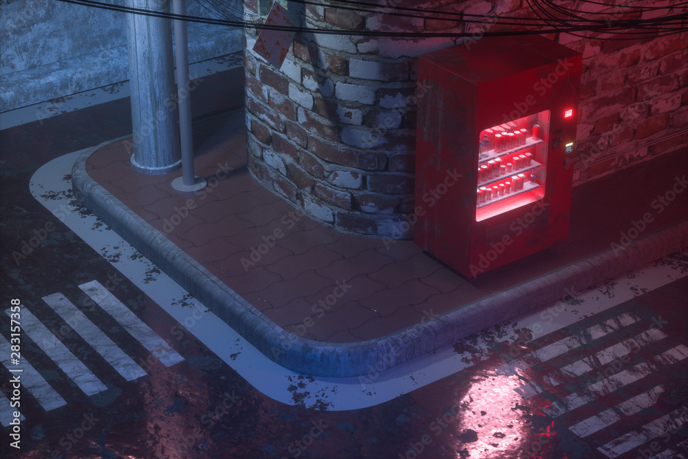 A retro street with vending machines on the side of the road at night, 3d rendering.