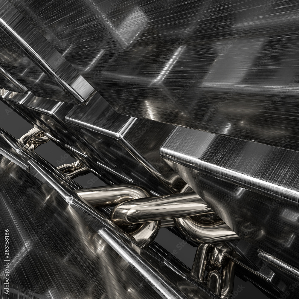 Metal chains and cubes background, 3d rendering.