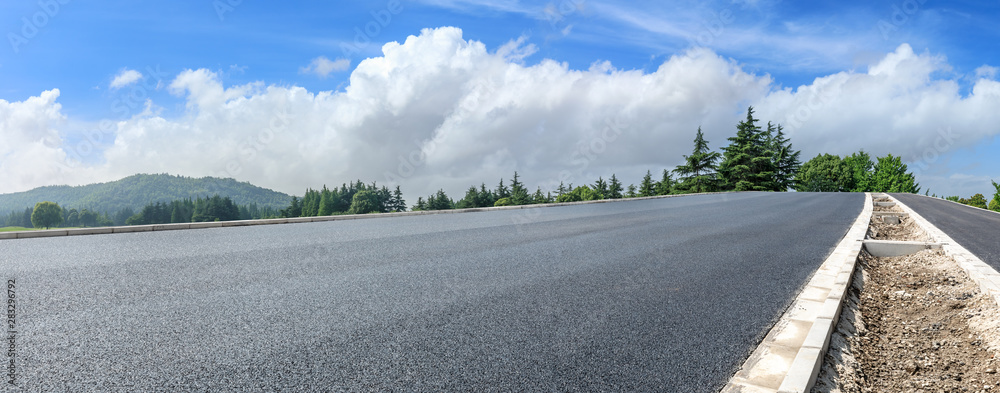 夏日乡村柏油路与绿树自然景观