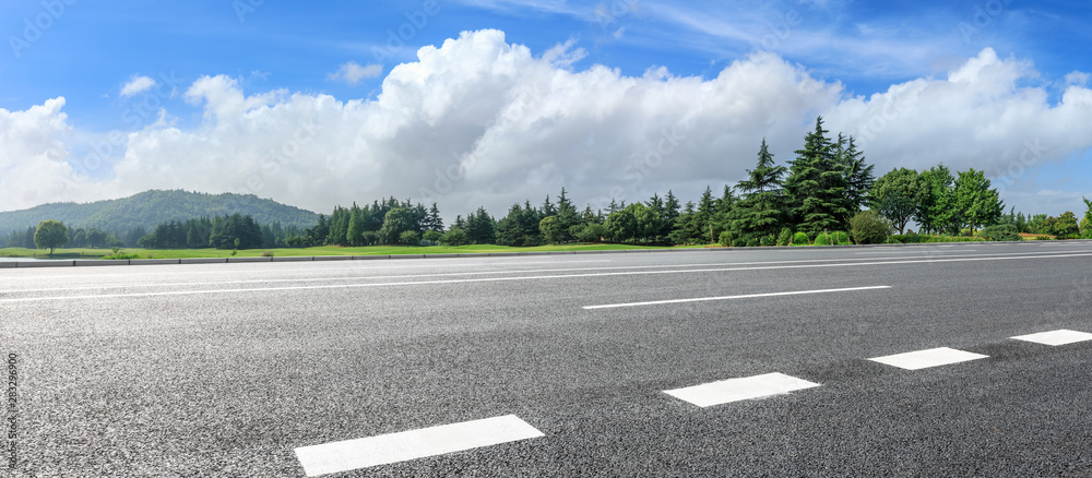 Country asphalt road and green woods nature landscape in summer