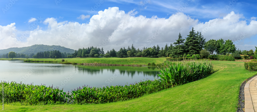 Green grass and woods with lake under blue sky