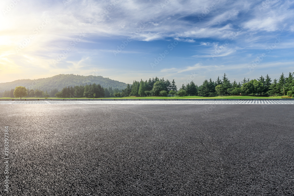 Country asphalt road and green woods nature landscape in summer