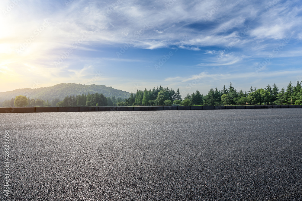 夏日乡村柏油路与绿树自然景观