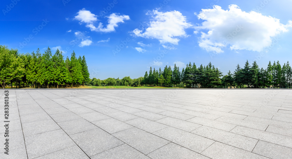 城市公园空荡荡的广场和绿树成荫的自然风光