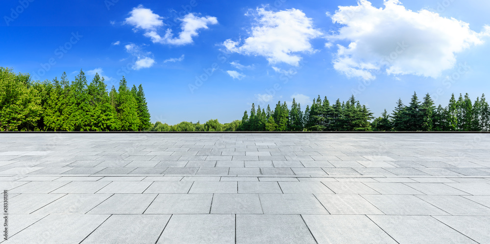 Empty square floor and green woods natural scenery in city park