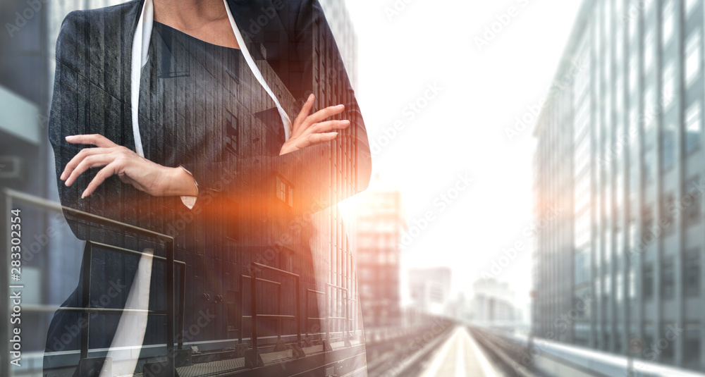 Double Exposure Image of Business Person on modern city background. Future business and communicatio