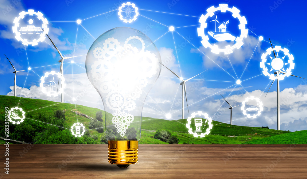 Green energy innovation light bulb with future industry of power generation icon graphic interface. 