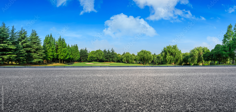 夏日乡村柏油路和绿树自然景观