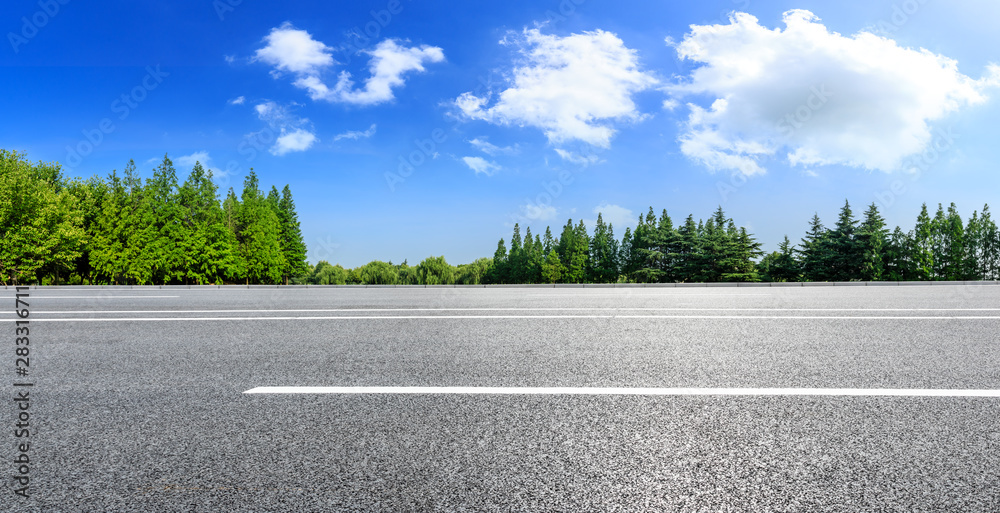 Country asphalt road and green woods nature landscape in summer