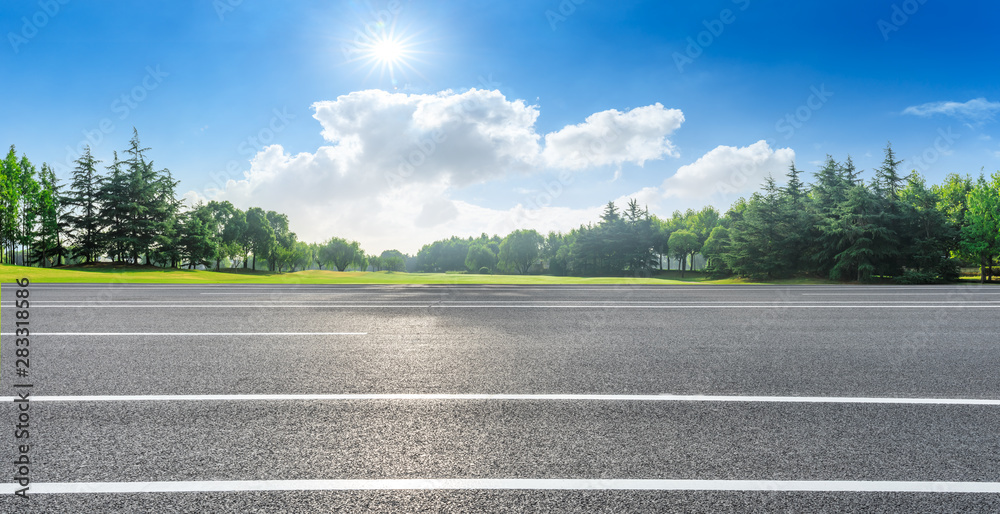 夏日乡村柏油路和绿树自然景观