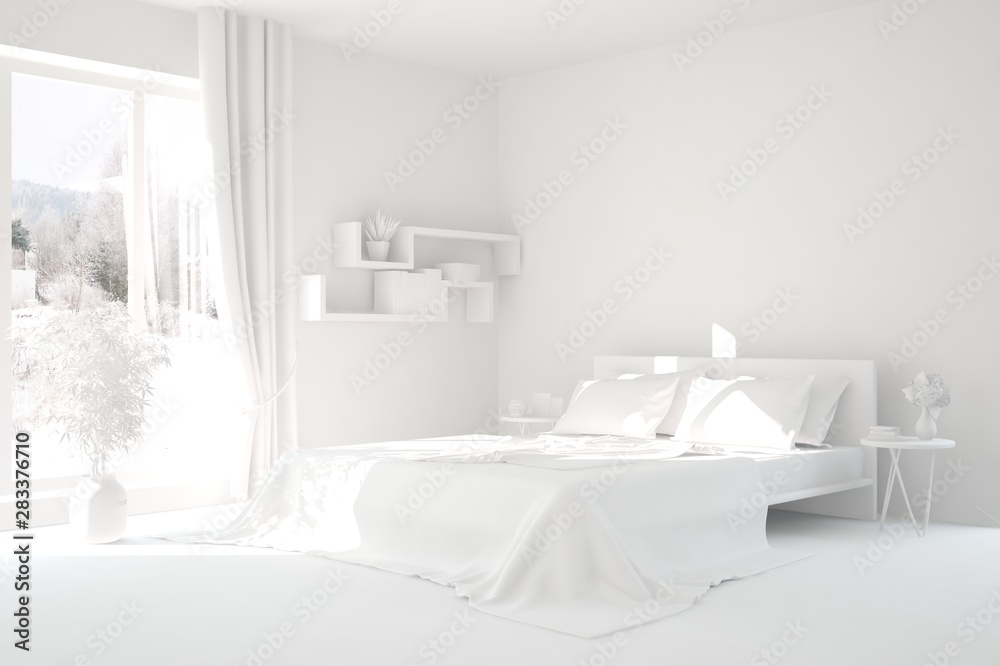 Modern bedroom in white color. Scandinavian interior design. 3D illustration