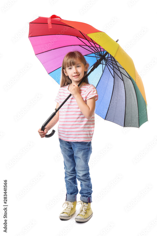 Cute little girl with umbrella on white background