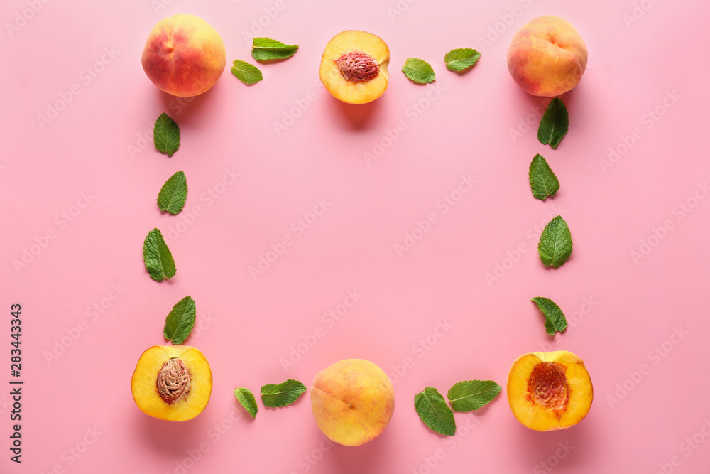 Frame made of ripe peaches on color background