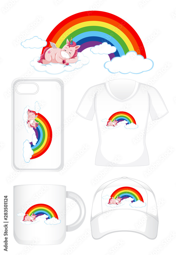 Graphic design on different products with unicorn on rainbow