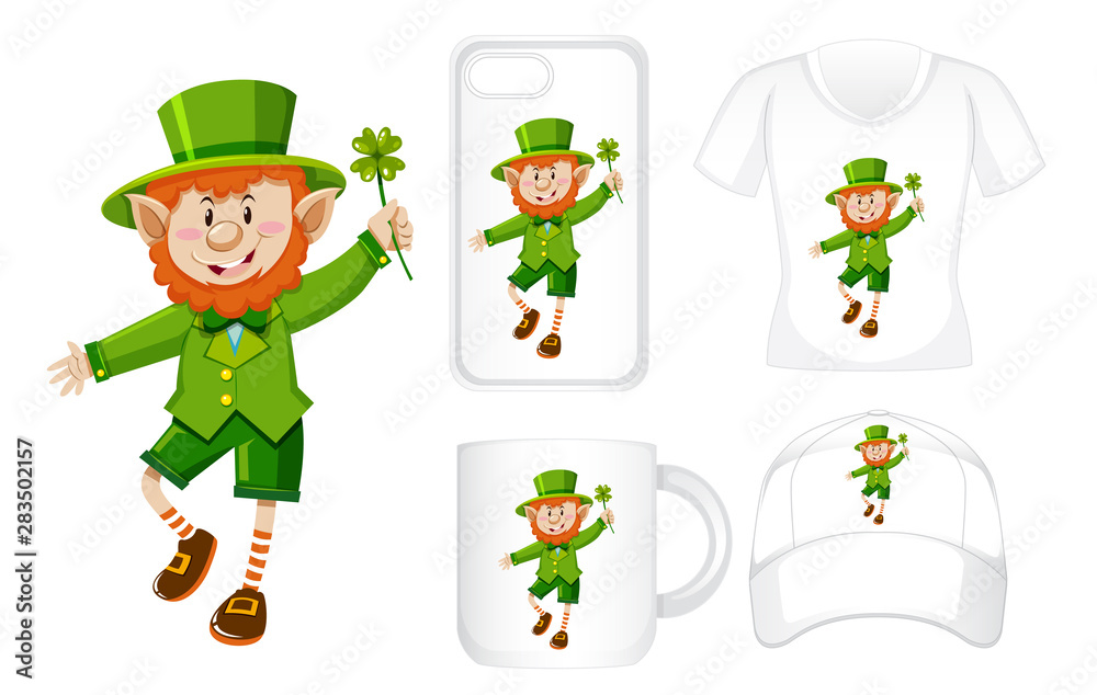 Graphic design on different products with leprechaun