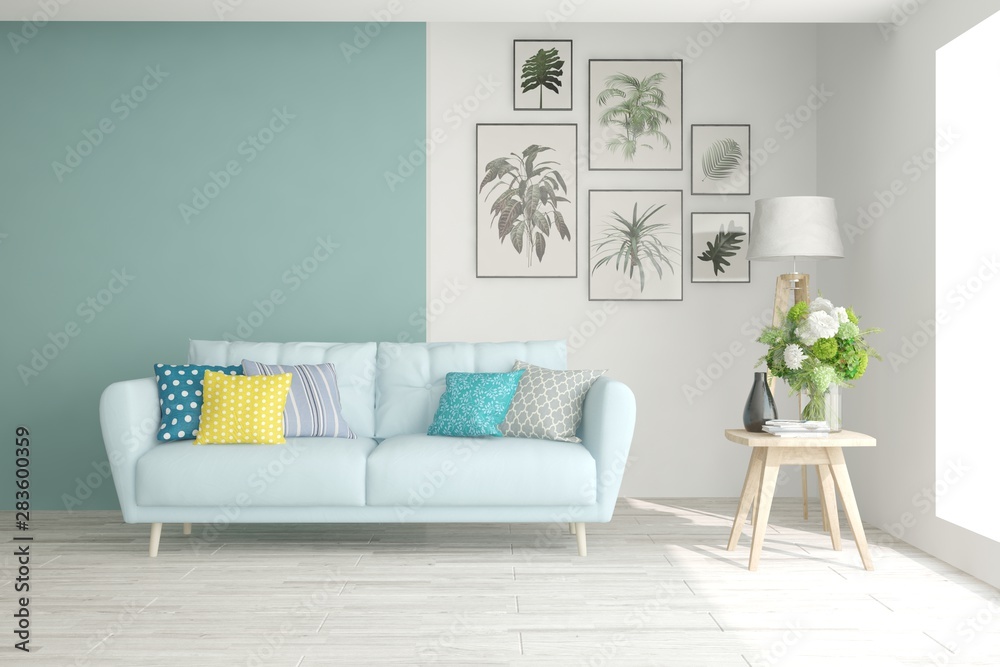 Stylish room in white color with sofa. Scandinavian interior design. 3D illustration