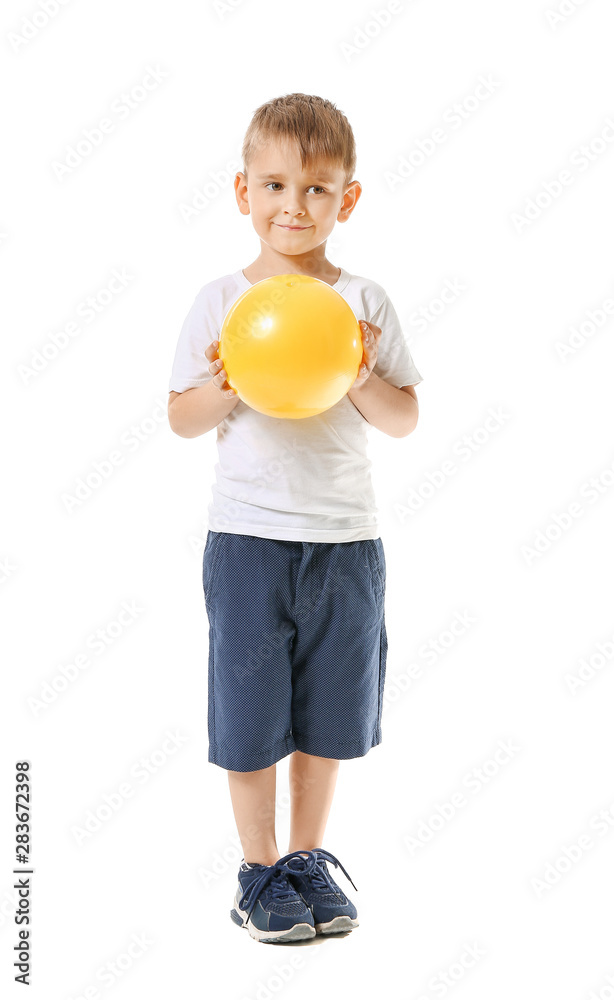 Cute little boy with air balloon on white background