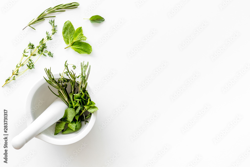 Alternative medicine with medicinal herbs on white background top view mock up