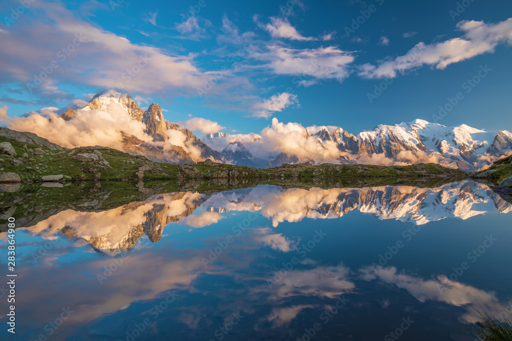 Sunset panorama of the Lac Blanc lake with Mont Blanc (Monte Bianco) on background, Chamonix locatio