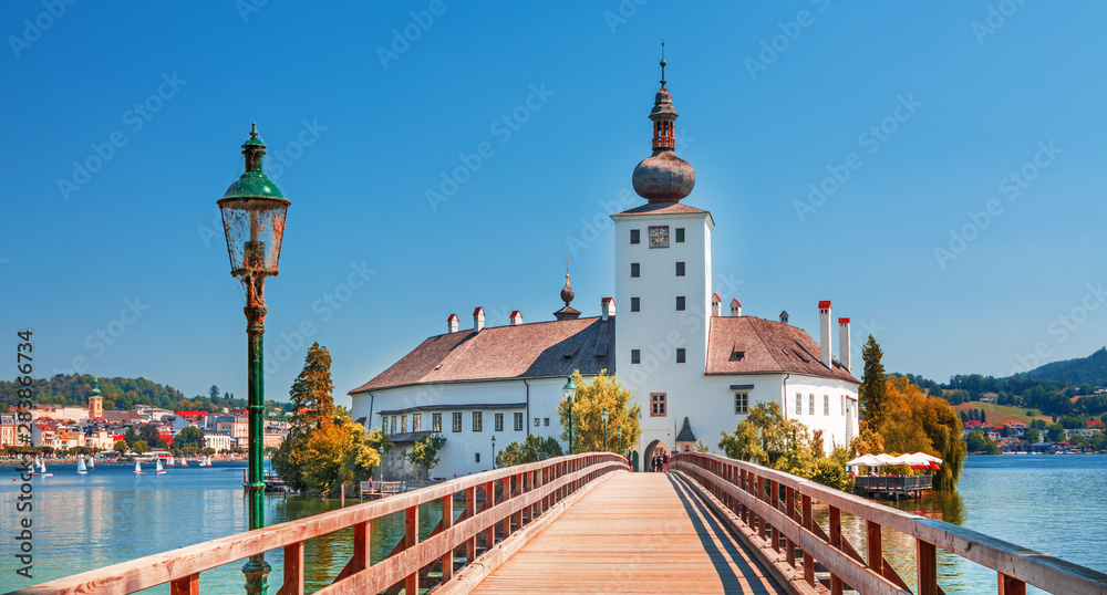 Scenic view on Gmunden Schloss Ort or Schloss Orth in the Traunsee lake in Gmunden city. Schloss Ort