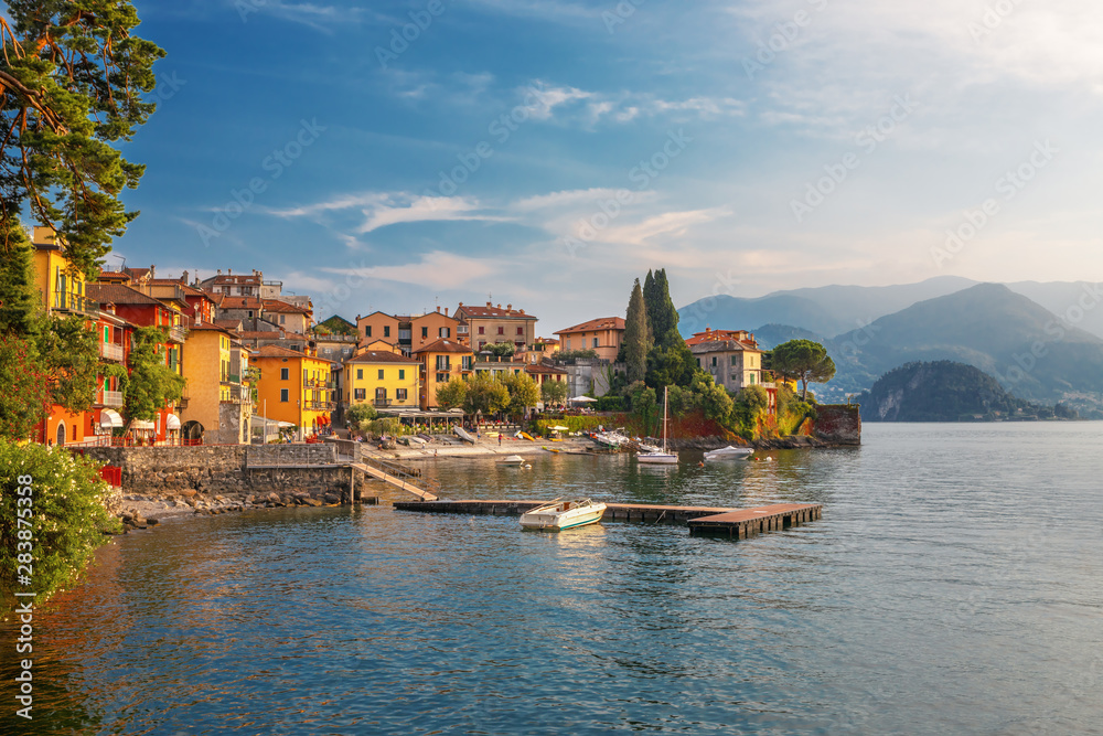 Varenna scenic sunset view in Como lake, Italy.