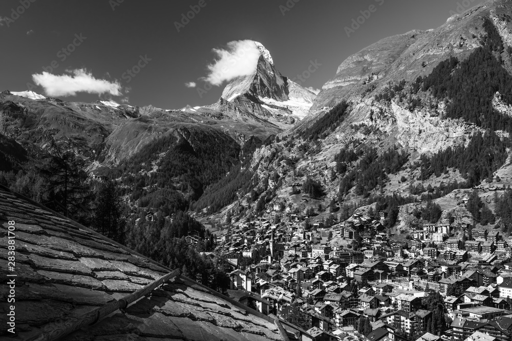 Stunning view on mountain Matterhorn at morning and Zermatt city, Valais region, Switzerland, Europe