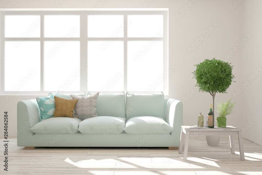 Stylish room in white color with sofa. Scandinavian interior design. 3D illustration