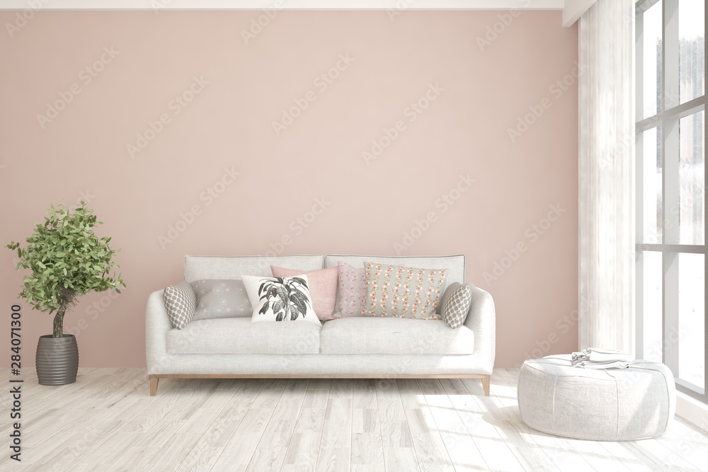 Stylish room in white color with sofa. Scandinavian interior design. 3D illustration