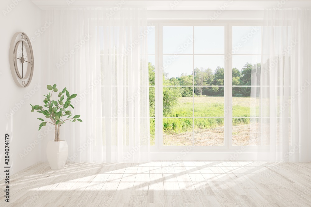 Stylish empty room in white color with summer landscape in window. Scandinavian interior design. 3D 