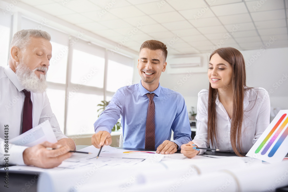 Team of architects discussing project in office