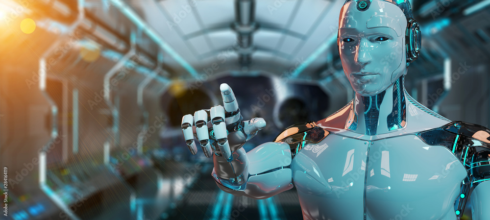 White male cyborg pointing his finger 3D rendering