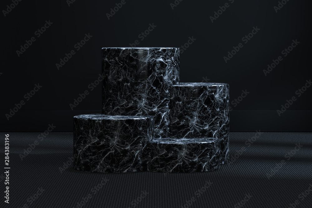 The marble cylinder platform in the dark room, 3d rendering