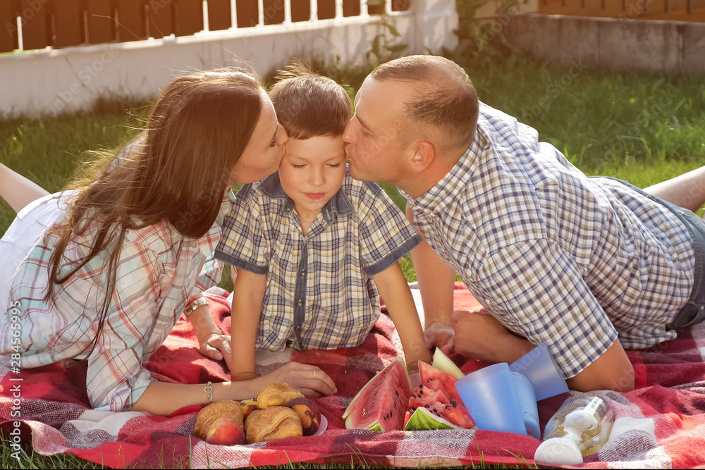 handsome father pretty mother kiss adorable little boy lying on checkered blanket on sunny day close