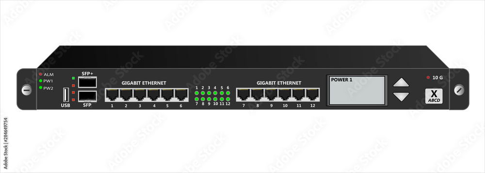 Black router IP traffic for mounting with a 19 inch rack. SFP, SFP+, USB,  RG-45 connectors and Rout