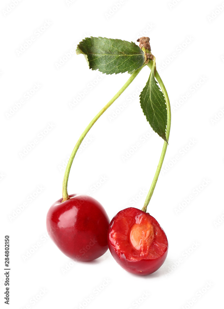 Ripe sweet cherry on white background