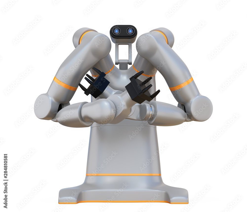 Front view of silver dual-arm robot in standby mode isolated on white background. Collaborative robo