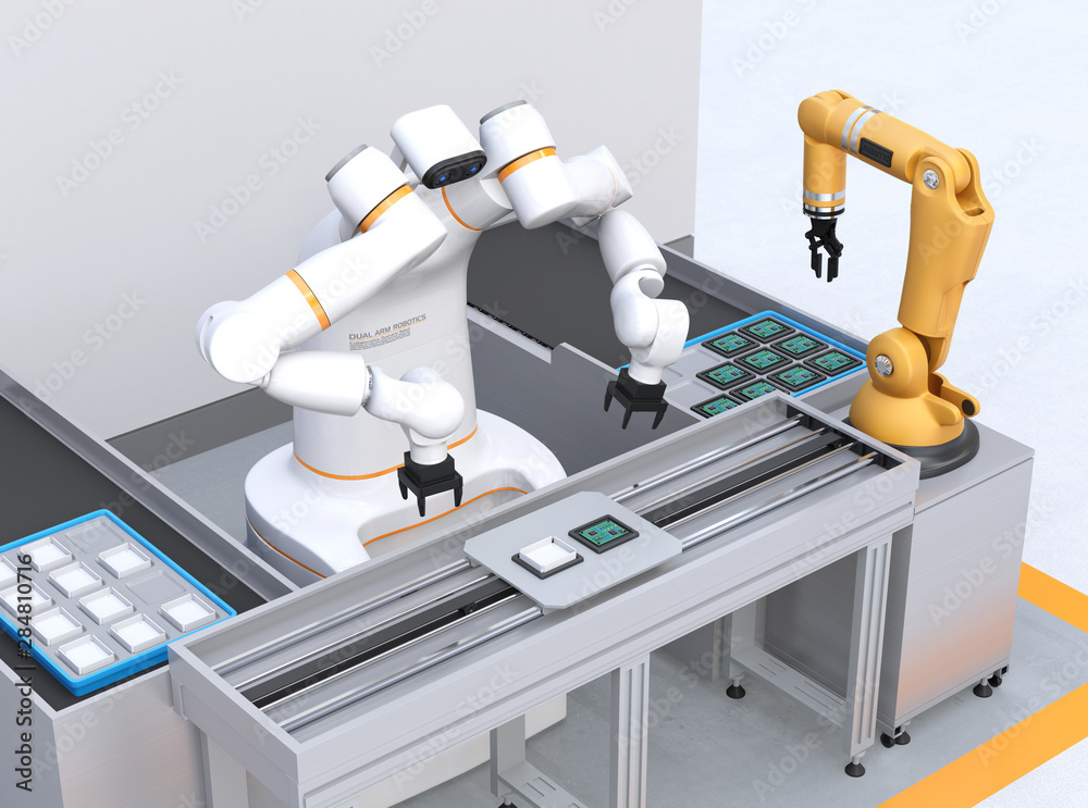 Dual-arm robot assembly printed circuit boards in cell-production space. Collaborative robot concept