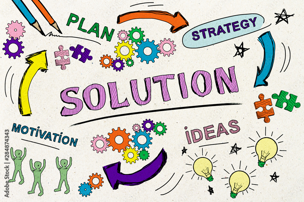 Success, solution and marketing concept with creative business sketch.