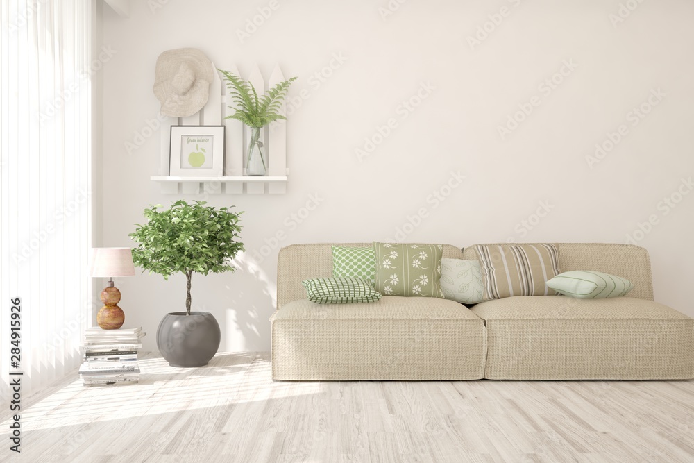 Stylish room in white color with sofa. Scandinavian interior design. 3D illustration