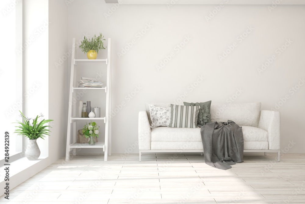 Stylish room in white color with sofa. Scandinavian interior design. 3D illustration