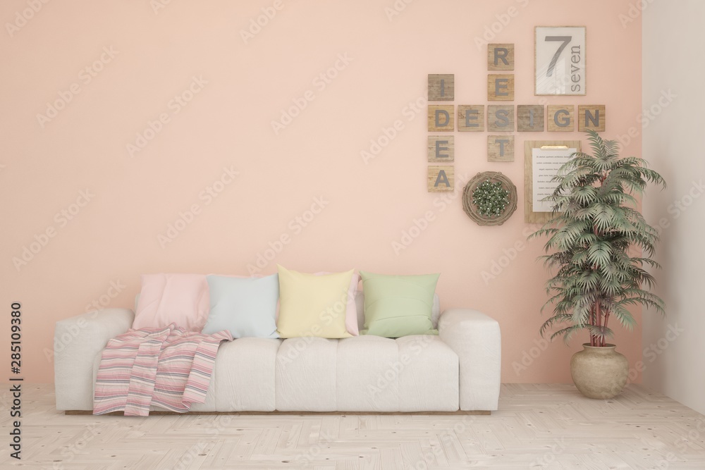 Stylish room in coral color with sofa. Scandinavian interior design. 3D illustration