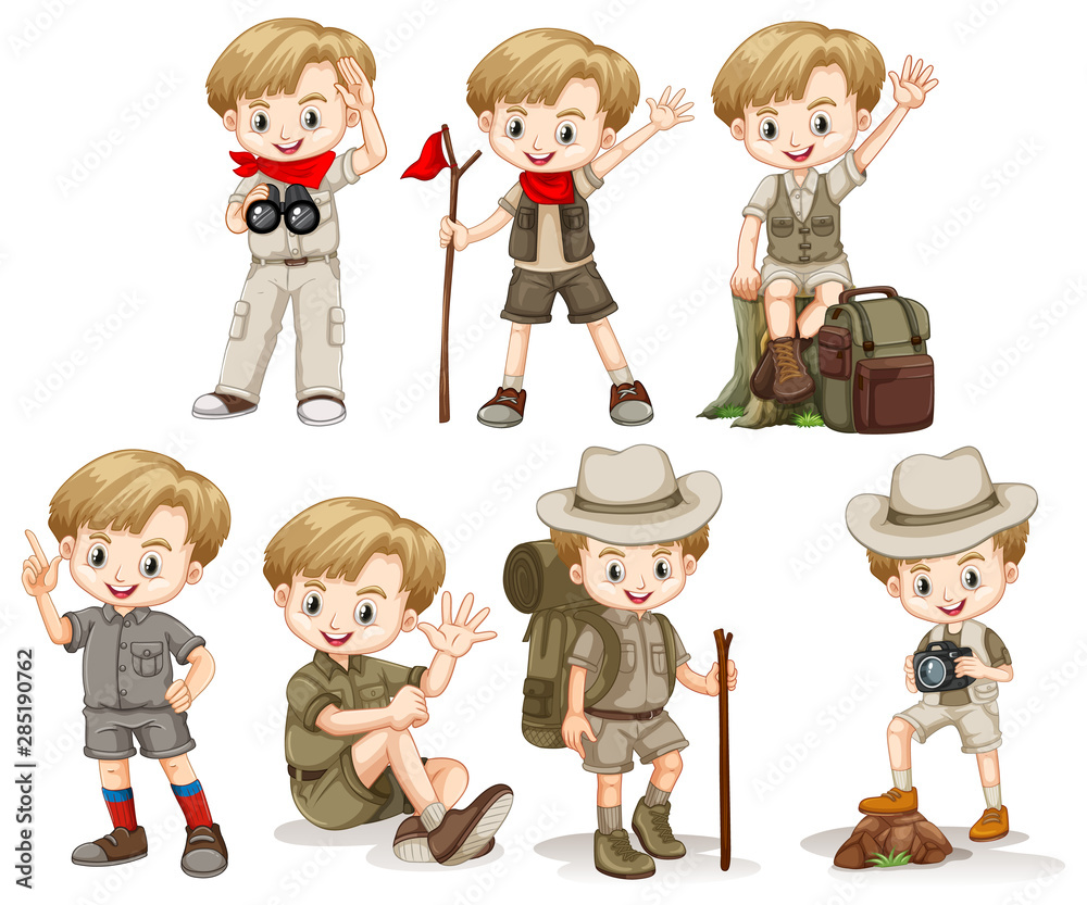 Boy in outdoor outfit doing different things