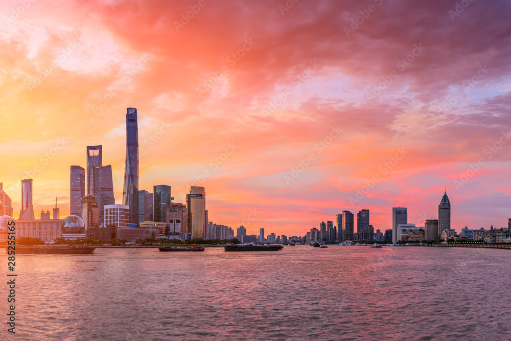 Shanghai skyline and modern buildings at sunrise,China.