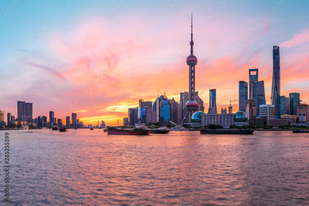 Shanghai skyline and modern buildings at sunrise,China.