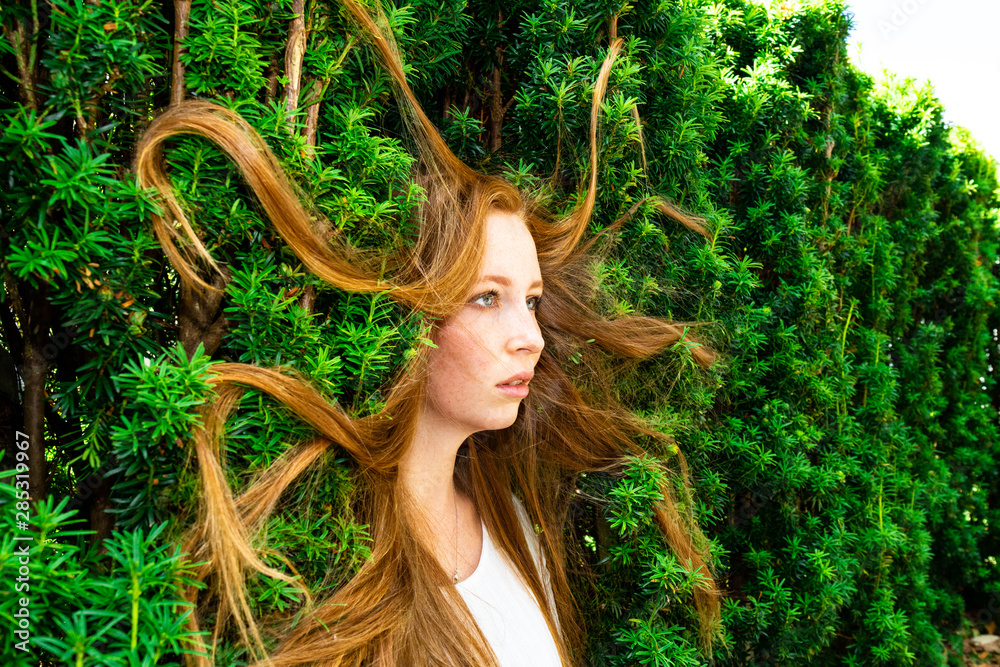 Beautiful redhead woman in hedge with tangled hair