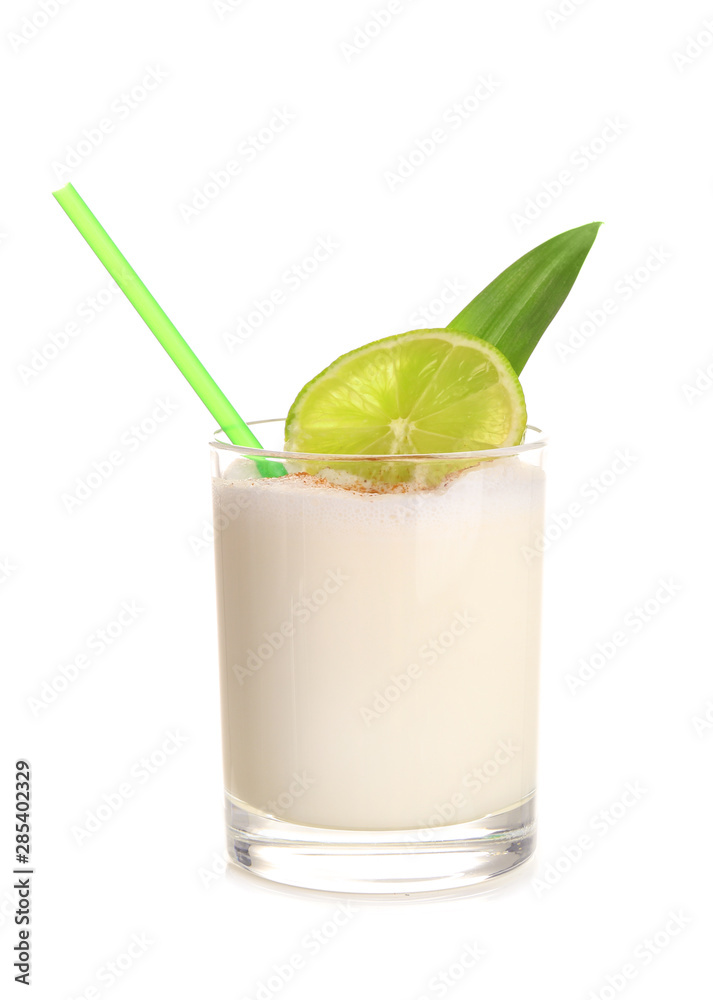 Glass of tasty Pina Colada cocktail on white background