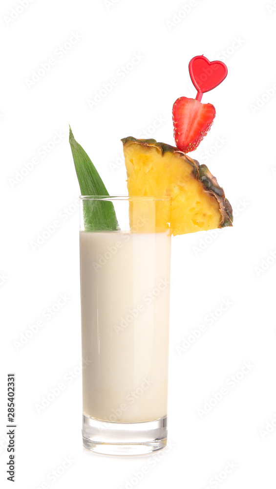 Glass of tasty Pina Colada cocktail on white background