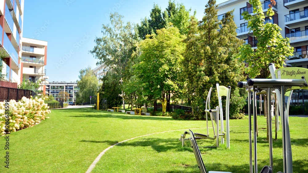 Contemporary residential building exterior in the daylight. Modern apartment buildings on a sunny da