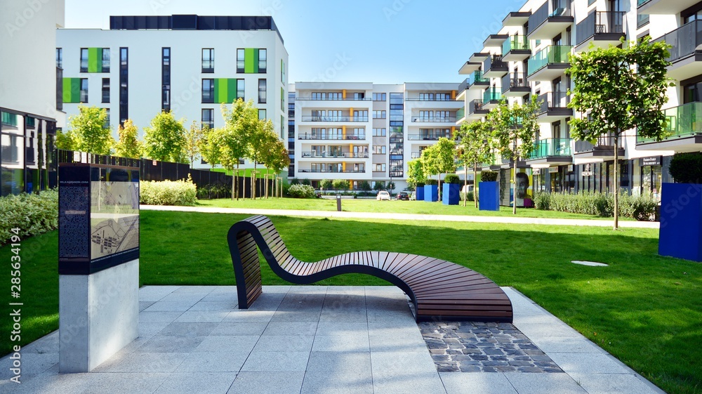 Contemporary residential building exterior in the daylight. Modern apartment buildings on a sunny da